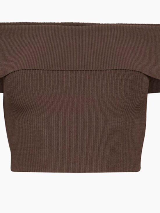 Babaton Tops - Babaton Sculpt Knit Ribbed Off-Shoulder Top in Rich Mocha Brown- Medium